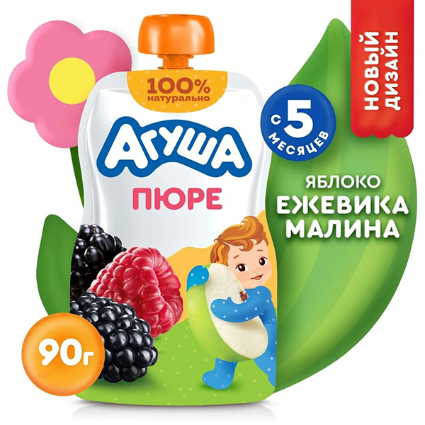 Детское пюре Агуша яблоко, малина 90 г.